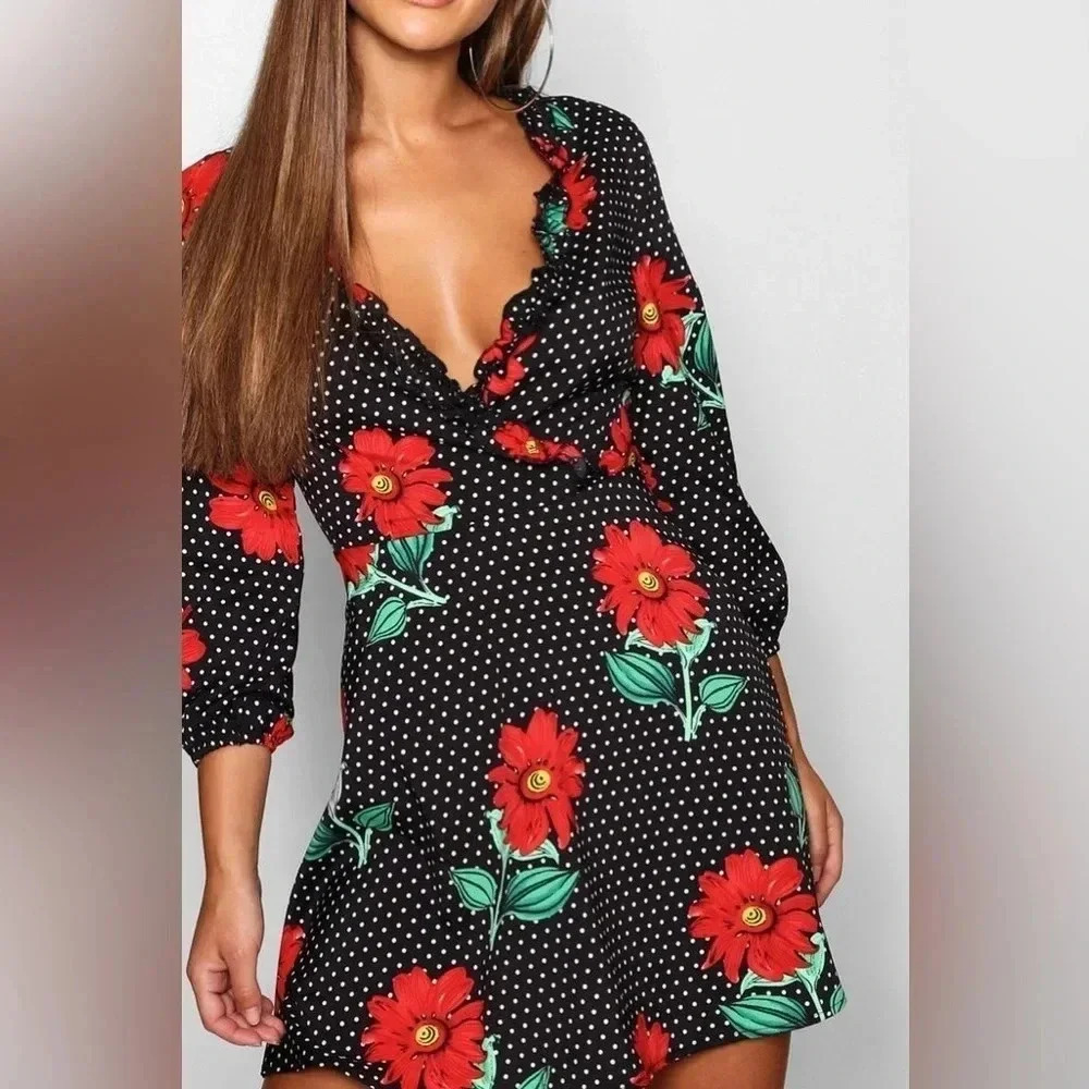 Boohoo Retro Pinup Rockabilly Polka Dot & Floral Ruffle Hem Dress Size 2 XS